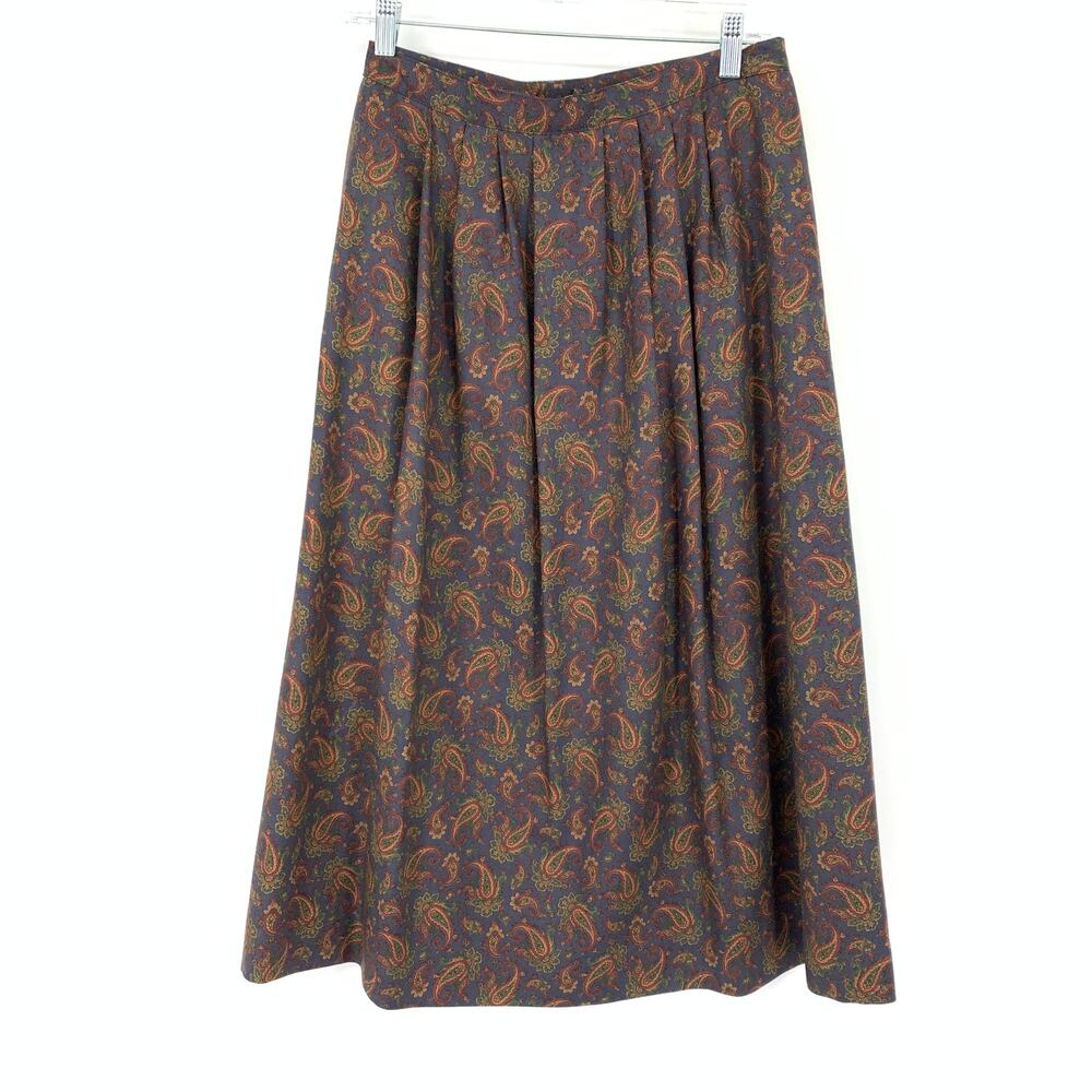 Vintage 80s A-Line Midi Skirt Womens Size 28" US 6 Paisley Print Navy Multicolor